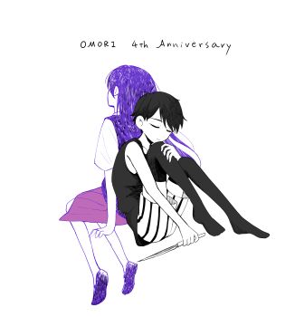 Rule 34 | 1boy, 1girl, absurdres, anniversary, antenna hair, black hair, black shorts, black tank top, black thighhighs, closed eyes, closed mouth, collared shirt, colored skin, commentary request, highres, holding, holding knife, knife, long hair, mari (headspace) (omori), mari (omori), multicolored shoes, omori, omori (omori), pleated skirt, purple hair, purple shoes, purple sweater vest, rami 1300, red skirt, shirt, shoes, short hair, short sleeves, shorts, simple background, skirt, striped clothes, striped shorts, sweater vest, tank top, thighhighs, two-tone shoes, vertical-striped clothes, vertical-striped shorts, white background, white shirt, white shorts, white skin