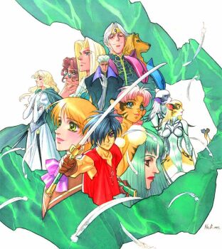 1990s_(style) 5boys 6+girls allen_schezar animal_ears blonde_hair blue_eyes bow brown_hair cat_girl celena_schezar closed_mouth copyright_name dilandau_albatou dress dryden_fassa elbow_gloves eriya_(tenkuu_no_escaflowne) feathers folken_fanel gloves holding holding_sword holding_weapon jajuka_(tenkuu_no_escaflowne) kanzaki_hitomi lips long_hair looking_at_viewer merle_(tenkuu_no_escaflowne) millerna_aston multiple_boys multiple_girls naria_(tenkuu_no_escaflowne) official_art pink_bow pink_hair retro_artstyle signature smile sword tenkuu_no_escaflowne van_fanel varie_(tenkuu_no_escaflowne) weapon yuuki_nobuteru