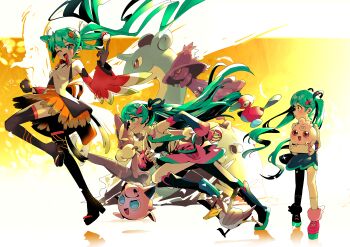 Rule 34 | absurdres, after epochs (vocaloid), aqua eyes, aqua hair, aqua necktie, black thighhighs, breasts, closed mouth, collared shirt, commentary request, detached sleeves, farfetch'd, fingerless gloves, full body, gen 1 pokemon, gen 2 pokemon, gen 4 pokemon, gloves, hair ornament, hatsune miku, hayato noda, highres, ho-oh, holding, holding poke ball, igglybuff, jigglypuff, lapras, legendary pokemon, long hair, long sleeves, looking at viewer, looking to the side, lopunny, mega lopunny, mega pokemon, mismagius, necktie, nintendo, one eye closed, open mouth, pink gloves, pink skirt, poke ball, pokemon, pokemon (creature), porygon2, project voltage, red sleeves, running, shirt, skirt, sleeveless, sleeveless shirt, small breasts, smile, thighhighs, very long hair, vocaloid