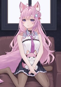 1girl absurdres animal_ears antenna_hair bare_shoulders belt black_belt black_choker black_skirt blush braid braided_bun breasts brown_pantyhose chest_belt choker closed_mouth collared_shirt commentary_request couch crown_braid double_bun fingernails frilled_shirt frills hair_between_eyes hair_bun hair_ornament hair_ribbon hakui_koyori hakui_koyori_(1st_costume) heart heart_choker highres hololive indoors kokoro_(hakui_koyori) large_breasts long_hair looking_at_viewer midriff_peek nail_polish necktie on_couch pantyhose pink_hair pink_nails pink_necktie pink_tail pleated_skirt purple_eyes red_ribbon ribbon serin_(zersk_04) shirt sitting skirt sleeveless sleeveless_shirt tail thigh_strap thighs virtual_youtuber wariza white_shirt window wolf_ears wolf_girl wolf_tail