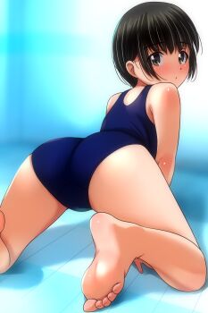 1girl absurdres ass bare_arms bare_legs barefoot black_hair black_one-piece_swimsuit blurry blurry_background blush brown_eyes highres kneeling loli looking_at_viewer matsunaga_kouyou one-piece_swimsuit original school_swimsuit short_hair sidelocks soles solo swimsuit thighs toes underwater