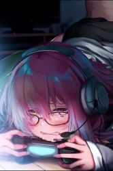 1boy 1girl animated blush clothed_female_nude_male clothed_sex doggystyle fate/grand_order fate_(series) glasses harutoshi headset hetero mash_kyrielight multitasking nude playing_games playstation_controller purple_eyes purple_hair saliva sex sex_from_behind sound video video_game