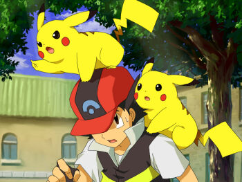 1boy ash_ketchum baseball_cap brown_eyes commentary_request day fingerless_gloves gen_1_pokemon gloves hat isumimax looking_up male_focus nintendo on_head on_shoulder open_mouth outdoors pikachu pointing pokemon pokemon:_zoroark:_master_of_illusions pokemon_(anime) pokemon_(creature) pokemon_dppt_(anime) pokemon_on_head pokemon_on_shoulder popped_collar short_sleeves sky sweat tree