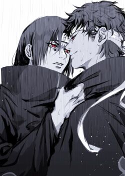 2boys akatsuki_uniform alternate_costume bandage_over_one_eye commentary commentary_request curtained_hair english_commentary greyscale male_focus momoyoru1 monochrome multiple_boys naruto_(series) naruto_shippuuden rain red_eyes short_hair sideburns simple_background spot_color uchiha_itachi uchiha_shisui upper_body white_background
