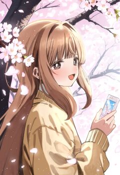 Rule 34 | 1girl, :d, brown eyes, brown hair, cardigan, cellphone, character request, cherry blossoms, copyright request, falling petals, flower, hair intakes, highres, holding, holding phone, long hair, open mouth, petals, phone, pu3xn, smartphone, smile, solo, tree, upper body, webp-to-png conversion