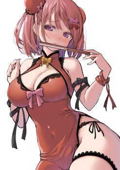 1girl alternate_costume aqua_hair arm_ribbon bare_shoulders blush bob_cut breasts bun_cover china_dress chinese_clothes chocolate_cosmos_(flower_knight_girl) cleavage clothing_cutout commentary_request covered_navel curvy double_bun dress embarrassed flower_knight_girl folded_fan folding_fan hair_bun hand_fan high_collar highres holding holding_fan kintarou_(kintarou's_room) lace lace_panties large_breasts looking_at_viewer mandarin_collar panties panty_peek panty_straps purple_eyes red_dress red_hair ribbon short_hair side-tie_panties side_slit simple_background skin_tight solo swept_bangs thigh_strap underwear white_background