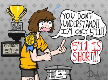 1boy artist_name award_ribbon bandaid bandaid_on_leg blue_eyes brown_hair commentary cowboy_shot doglegstudio english_text flying_sweatdrops grey_shorts height height_conscious highres orange_shirt original pale_skin print_background shirt short_hair short_male shorts single_tear slouching solo speech_bubble symbol-only_commentary t-shirt trophy