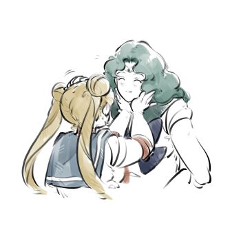 bishoujo_senshi_sailor_moon blonde_hair blue_bow blue_bowtie blue_sailor_collar bow bowtie choker circlet closed_eyes closed_mouth crescent crescent_earrings double_bun earrings green_hair green_sailor_collar hair_bun hands_on_another's_face headpat highres jewelry kaiou_michiru mercuri0ff parted_bangs red_bow red_bowtie red_choker sailor_collar sailor_moon sailor_neptune simple_background smile tsukino_usagi twintails wavy_hair white_background