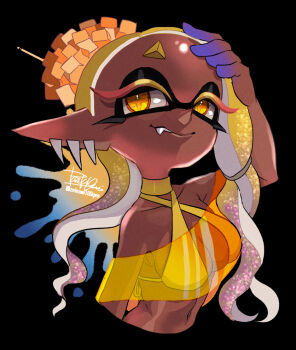 1girl blonde_hair breasts colored_eyelashes colored_fingertips dark-skinned_female dark_skin earrings fang frye_(splatoon) inkling isamu-ki_(yuuki) jewelry long_pointy_ears multiple_earrings nintendo pointy_ears see-through_clothes see-through_shawl shawl smile splatoon_(series) splatoon_3 tentacle_hair tooth_earrings yellow_eyes yellow_shawl