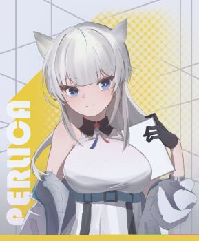 1girl animal_ears arknights arknights:_endfield bare_shoulders black_gloves blue_eyes breasts character_name commentary_request dress gloves grey_hair jacket long_hair looking_at_viewer off_shoulder open_clothes open_jacket perlica_(arknights) red-233 sleeveless smile solo upper_body white_dress