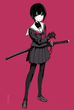 1girl commentary_request dokuromaru expressionless full_body gloves highres idolmaster idolmaster_cinderella_girls katana looking_at_viewer neckerchief pantyhose purple_eyes sailor_collar school_uniform serafuku shirayuki_chiyo short_hair simple_background skirt solo spot_color sword weapon