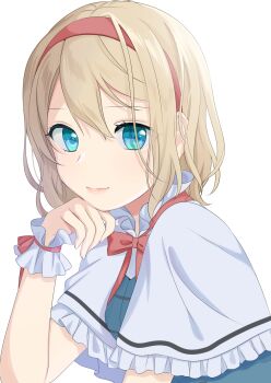 1girl absurdres alice_margatroid blonde_hair blue_dress capelet closed_mouth commentary_request dress frilled_capelet frills hairband highres looking_at_viewer red_hairband simple_background smile solo touhou tsuno_no_hito upper_body white_background white_capelet wrist_cuffs