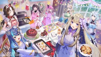 6+girls amanogawa_shiina animal_ears apron armband artist_request baking bear_ears bear_girl bibi_biscuit bird black_gloves black_hair blonde_hair blue_eyes blue_hair bow bowtie braid burnt_food cake christmas_ornaments christmas_stocking christmas_wreath closed_mouth colored_inner_hair cookie copyright_name cupcake dog_ears dog_girl dress food fruit fujikura_uruka fur-trimmed_gloves fur_trim gingerbread_man gloves green_apron grey_hair hair_ornament hakushika_iori halo headphones highres hikanari_hina himemiya_rie holding holding_plate icing icing_on_face kitchen kokoromo_memory long_hair measuring_cup multicolored_hair multiple_girls open_mouth oven_mitts phase_connect pink_apron pink_armband pink_dress pink_hair plate purple_apron purple_bow purple_bowtie smile sparkle star_(symbol) strawberry streaked_hair tiara twin_braids twintails two-tone_hair virtual_youtuber whisk white_hair wing_hair_ornament wreath