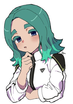 1boy aqua_hair bad_tag blue_eyes blush commentary_request inazuma_eleven_(series) inazuma_eleven_victory_road looking_at_viewer male_focus medium_hair multicolored_hair ozi8pm sasanami_unmei simple_background solo two-tone_hair white_background yoruhachi