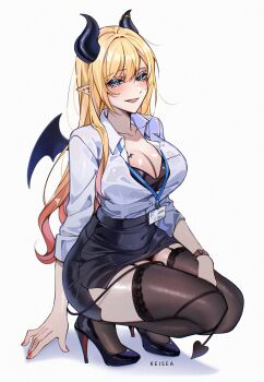 1girl absurdres aqua_eyes black_bra black_horns black_skirt black_thighhighs blonde_hair bra bra_peek breasts cleavage collared_shirt commentary commission covered_navel demon_girl demon_horns demon_tail demon_wings full_body gradient_hair grin high_heels highres hololive horn_ornament horn_ring horns id_card keisea lace-trimmed_pantyhose lanyard large_breasts long_hair looking_at_viewer miniskirt multicolored_hair office_lady pencil_skirt pink_hair pointy_ears shirt shirt_tucked_in simple_background single_sidelock skirt smile solo squatting swept_bangs tail tattoo thighhighs three-quarter_sleeves underwear virtual_youtuber white_background winged_heart winged_heart_tattoo wings yuzuki_choco