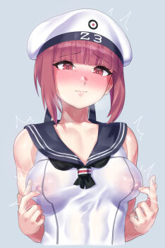1girl blush breasts hat highres kantai_collection medium_breasts mizuumi_(bb) nipple_stimulation nipple_tweak nose_blush red_eyes red_hair sailor_hat short_hair solo tweaking_own_nipple upper_body white_hat z3_max_schultz_(kancolle)