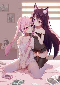 Rule 34 | 1boy, 1girl, absurdres, alternate costume, animal ears, ansel (arknights), ansel (casual vacation) (arknights), arknights, bikini, bikini top only, black chemise, black panties, black thighhighs, bra, breasts, cameo, cardigan (arknights), cat ears, chemise, collar, commentary request, covered navel, crossdressing, crossdressing (mtf), cum, cuora (arknights), cupless bra, figure, finger to another's mouth, gummy (arknights), hand on another's shoulder, highres, implied masturbation, indoors, kneeling, lingerie, melantha (arknights), navel, off-shoulder shirt, off shoulder, official alternate costume, panties, pink eyes, pink hair, purple eyes, purple hair, rabbit boy, rabbit ears, revision, see-through clothes, shebaotower, shirt, shirt tug, short hair, short sleeves, single off shoulder, sitting, skadi (arknights), small breasts, strap slip, sweatdrop, swimsuit, thighhighs, trap, underwear, underwear only, wariza, watermark, wavy mouth, weibo watermark, white shirt, white thighhighs, zettai ryouiki
