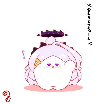 :d ahoge arm_up blue_archive blush colored_shadow commentary_request full_body grey_hair hair_ornament hairclip halo highres hina_(blue_archive) horns kurukurumagical long_hair looking_at_viewer open_mouth parted_bangs purple_eyes shadow simple_background single_hair_intake smile solo standing translation_request very_long_hair white_background