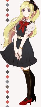 1girl atalantaz belt black_bow blonde_hair bow bracelet brown_thighhighs closed_mouth collared_shirt danganronpa_(series) danganronpa_2:_goodbye_despair dress eyelashes fingernails full_body grey_dress hair_bow high_heels highres jewelry long_hair pinafore_dress purple_eyes red_shoes shirt shirt_under_dress shoes short_sleeves simple_background sleeveless sleeveless_dress smile solo sonia_nevermind standing thighhighs white_background white_belt white_shirt