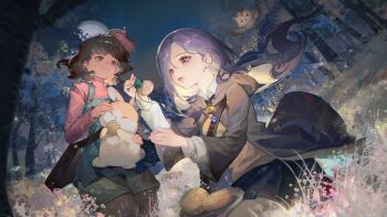 2girls absurdres animal bag bird black_robe brown_hair closed_mouth commentary crow_yayu dark-skinned_female dark_skin english_commentary flying forest green_overalls grey_hair halloween harry_potter:_magic_awakened harry_potter_(series) highres holding holding_animal holding_bag holding_rabbit hooded_robe ivy_warrington kneeling logo long_hair lottie_turner medium_hair multiple_girls nature night official_art open_clothes open_mouth open_robe overalls owl purple_eyes rabbit red_shirt robe seiza shirt shorts shoulder_bag sitting smile wind wizarding_world