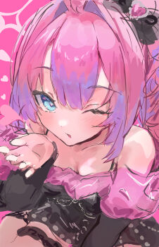 absurdres ahoge black_bow black_dress blowing_kiss blue_eyes blush bow dress hair_bow highres hololive hololive_dev_is kama_boko17 kikirara_vivi kikirara_vivi_(flowglow_uniform) long_hair looking_at_viewer multicolored_hair one_eye_closed pink_background pink_hair purple_hair thigh_strap two-tone_hair virtual_youtuber