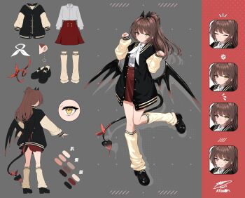 1girl absurdres black_jacket blush brown_hair closed_mouth collared_shirt commentary_request commission commissioner_name demon_tail demon_wings earrings full_body hair_intakes hands_up heterochromia highres jacket jewelry long_hair long_sleeves looking_at_viewer multicolored_jacket multiple_expressions multiple_views open_clothes open_jacket original ponytail red_eyes red_skirt reference_sheet second-party_source shirt signature skeb_commission skirt socks star_(symbol) star_earrings tail tokiti turnaround two-tone_jacket white_shirt wings yellow_eyes yellow_jacket yellow_socks