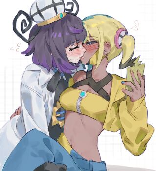 absurdres bandeau belt belt_buckle black_dress black_hair blonde_hair blue_hair blush bob_cut buckle canari_(pokemon) closed_eyes coat commentary_request cropped_jacket dark-skinned_female dark_skin dress gen_4_pokemon grid_background gwynn_(pokemon) hat highres holding holding_phone jacket kiss long_sleeves multicolored_hair nintendo o-ring o-ring_belt open_clothes open_coat open_jacket phone pokemon pokemon_legends:_z-a purple_hair rddumpling rotom rotom_phone saliva short_hair white_coat yellow_jacket yuri