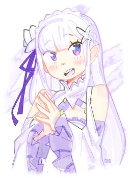 1girl absurdres bare_shoulders blush_stickers bourbunbun dress emilia_(re:zero) flower frilled_dress frills hair_flower hair_ornament hair_ribbon highres long_hair looking_at_viewer open_mouth own_hands_together pointy_ears purple_eyes purple_ribbon re:zero_kara_hajimeru_isekai_seikatsu ribbon solo teeth upper_body upper_teeth_only white_background white_hair
