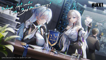 1boy 2girls black_gloves breasts cecil_(nikke) commander_(nikke) commentary english_commentary gloves goddess_of_victory:_nikke grey_eyes grey_hair highres large_breasts multiple_girls nayuta_(nikke) official_art ozzingo sitting table unusually_open_eyes