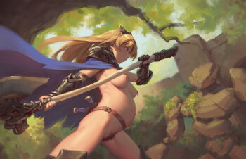 1girl armor armored_boots axe battle_axe belt big_belly bigrbear blonde_hair blue_cape boots breasts brown_belt cape commentary_request dagger female_pubic_hair forest gauntlets golem headgear highres holding holding_axe holding_weapon huge_weapon knife long_hair medium_breasts naked_cape nature navel nearly_naked_cape nipple_piercing nipple_rings nipples original outdoors outie_navel pauldrons piercing pointy_breasts pregnant pubic_hair red_eyes scabbard sheath sheathed shoulder_armor single_gauntlet single_vambrace solo uncensored vambraces variant_set weapon