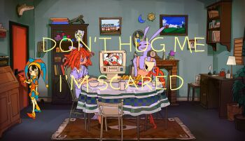 3girls black_hair book bookshelf brown_carpet caine_(the_amazing_digital_circus) calendar_(object) chair chess_piece computer desk desk_lamp don't_hug_me_i'm_scared door eye_symbol food gangle_(the_amazing_digital_circus) gek3y gloink_(the_amazing_digital_circus) grey_wall gummigoo gun highres indoors jax_(the_amazing_digital_circus) kaufmo_(the_amazing_digital_circus) king_(chess) lamp moon_(the_amazing_digital_circus) multiple_girls phone_on_wall photo_(object) picture_frame plate pomni_(the_amazing_digital_circus) ragatha_(the_amazing_digital_circus) ribbit_(the_amazing_digital_circus) sitting standing sun_(the_amazing_digital_circus) table the_amazing_digital_circus weapon