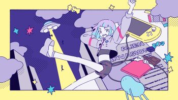 1girl absurdres black_shoes border candy chocolate chocolate_bar cloud commentary_request creature crop_top crop_top_overhang cropped_shirt english_text flat_color floating floating_hair flying_saucer food foot_out_of_frame grey_shirt handheld_game_console highres levitation long_sleeves looking_at_viewer mitsuki_sanagi multicolored_hair night open_mouth original outside_border people shirt shoes short_hair short_shorts shorts sky smile solo spacecraft yellow_border