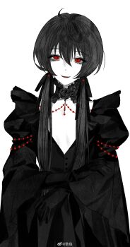 1girl absurdres bead_necklace beads black_bow black_choker black_dress black_gloves black_hair black_ribbon bow chinese_commentary choker commentary_request cowboy_shot crossed_arms dress earrings elbow_gloves ensemble_stars! flat_chest flower genderswap genderswap_(mtf) gloves goth_fashion hair_between_eyes highres jewelry juliet_sleeves long_sleeves looking_at_viewer low_twintails lunaticotat necklace plunging_neckline puffy_sleeves red_eyes ribbon rose sakuma_ritsu simple_background smile solo twintails watermark weibo_watermark white_background