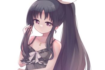 1girl assault_lily black_dress black_hair breasts cleavage closed_mouth commentary_request dress jewelry kaya_(kaiana) long_hair looking_at_viewer male_focus necklace ponytail purple_eyes ribbon ring shirai_yuyu sidelocks solo upper_body very_long_hair white_ribbon