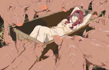 1girl animal armpits arms_behind_head bdsm blush bondage bound breasts dirty highres humiliation knees_up lying malty_s_melromarc medium_breasts mud nipples nude on_back pig red_hair restrained tagme tate_no_yuusha_no_nariagari trough yaomo_fu_ti