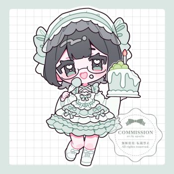 1girl :d artist_name black_hair blunt_bangs blush boots border cake chibi chibi_only commentary commission double-parted_bangs dress food fork frilled_dress frills full_body glasses green_boots green_border green_dress green_eyes green_hairband grid_background hairband highres holding holding_fork holding_plate lace-up_boots long_sleeves looking_at_viewer open_mouth original outside_border plate semi-rimless_eyewear short_hair smile solo standing symbol-only_commentary under-rim_eyewear upa_papa_co watermark white_background wide_sleeves