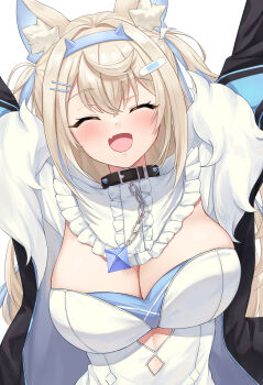 1girl absurdres animal_ears arms_up bandaid bandaid_hair_ornament black_jacket blonde_hair blue_hair blue_hairband breasts cleavage closed_eyes collar commentary_request dog_ears dog_girl dress fake_horns fuwawa_abyssgard fuwawa_abyssgard_(1st_costume) hair_ornament hairband highres hololive hololive_english horn_hairband jacket large_breasts leeshin0919 long_hair multicolored_hair open_mouth simple_background solo two-tone_hair virtual_youtuber white_background white_dress