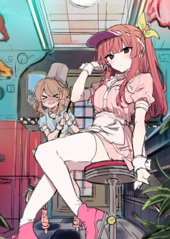 2girls anna_(ikeuchi_tanuma) apron arm_at_side black_eyes blue_shirt blush bucket checkered_floor closed_mouth collared_shirt diner dot_nose flat_color from_side full_body hair_between_eyes hand_in_own_hair high_ponytail highres ikeuchi_tanuma indoors knees_together_feet_apart long_bangs long_hair looking_at_viewer multiple_girls no_pupils original pink_shirt pink_skirt plant ponytail puffy_short_sleeves puffy_sleeves raised_eyebrows red_hair roller_skates shirt short_sleeves sidelocks sitting skates skirt stool thighhighs tino_(ikeuchi_tanuma) visor_cap waist_apron waitress white_apron white_thighhighs white_wrist_cuffs wrist_cuffs