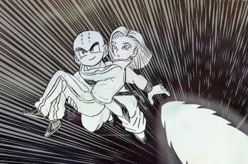 1boy 1girl android_18 bald bald_male black_eyes carrying couple dragon_ball dragon_ball_super flying happy highres hug husband_and_wife ki_blast kuririn princess_carry smile surprised tournament_of_power