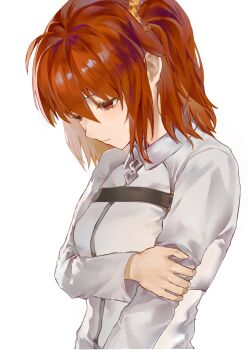 1girl ahoge chaldea_uniform commentary_request fate/grand_order fate_(series) fujimaru_ritsuka_(female) hand_on_own_arm heihuanice highres jacket long_sleeves medium_hair one_side_up orange_eyes orange_hair sad simple_background solo upper_body white_background white_jacket