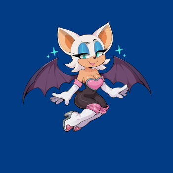 1girl absurdres animal_ears animal_nose bat_ears bat_girl bat_tail bat_wings blue_background blue_eyeshadow boots breasts cleavage commentary elbow_gloves english_commentary eyeshadow flipped_hair frenchserval full_body furry furry_female glove_cuffs gloves green_eyes highres knee_boots looking_at_viewer makeup negative_space pink_lips rouge_the_bat smile solo sonic_(series) sparkle white_boots white_fur white_gloves wings