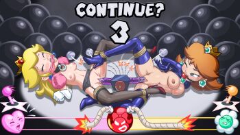 2girls arms_behind_back ball_gag bdsm blonde_hair blue_bodysuit blue_eyes blue_footwear blue_gloves blue_legwear blush bodysuit bomb bondage boots bound bound_together breasts brown_hair closed_eyes collar controller crown dildo dress ear_piercing earrings elbow_gloves english_text explosive forced_partners gag game_over game_over_screen garter_straps gloves high_heels highres imminent_death jewelry joystick large_breasts lips mario_(series) multiple_girls navel nintendo nipples nude piercing pink_dress predicament_bondage princess_daisy princess_peach pussy pussy_juice raised_eyebrows rape red_footwear rope sex_toy shaxbert slave super_mario_bros._1 super_mario_land sweat thigh_boots thighhighs thighs torn_clothes uncensored vaginal wendy_o._koopa white_gloves wince