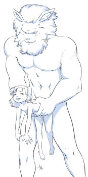 1boy 1girl age_difference aogami brown_hair digimon digimon_tamers fleshlight_position furry hanging_legs highres katou_juri leomon loli monochrome nude sex simple_background size_difference tagme white_background