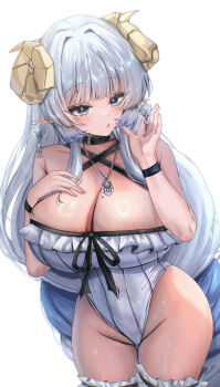 1girl absurdres bare_shoulders black_choker blue_eyes breasts choker cleavage covered_navel curled_horns earrings emu_(emuemuart) frilled_thighhighs frills grey_hair highres horns jewelry large_breasts leotard long_hair looking_at_object looking_to_the_side mole mole_on_breast original pointy_ears simple_background solo thighhighs very_long_hair white_background white_leotard