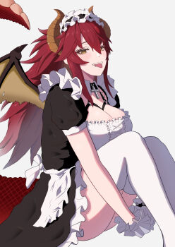 1girl absurdres alternate_costume apron black_dress blush breasts cleavage closed_mouth commentary dragon_girl dragon_horns dragon_tail dragon_wings dress english_commentary highres horns indie_virtual_youtuber large_breasts long_hair looking_at_viewer maid maid_apron maid_headdress meibin ponytail red_hair sidelocks smile solo tail thighhighs tongue tongue_out virtual_youtuber white_apron white_background white_thighhighs white_wrist_cuffs wings wrist_cuffs yellow_eyes zentreya zentreya_(dragon)