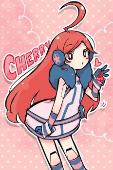 1girl ahoge belt cherry commentary dress food fruit fur_collar gloves hashtag-only_commentary headphones headset highres holding holding_food holding_fruit huge_ahoge joints kneehighs long_hair looking_at_viewer negiwave2000 outline pink_background polka_dot polka_dot_background red_eyes red_hair robot_joints sf-a2_miki sleeveless sleeveless_dress socks solo striped_clothes striped_gloves striped_socks very_long_hair vocaloid white_outline wrist_cuffs