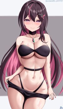 1girl absurdres alternate_breast_size_(larger) alternate_costume armanditto azki_(hololive) bare_shoulders bikini black_bikini black_bra black_panties black_shorts blush bra breasts brown_hair clothes_pull collarbone commentary cowboy_shot dress english_commentary grey_background highleg highleg_panties highres hololive large_breasts long_hair looking_at_viewer multicolored_hair navel panties pink_dress pink_hair purple_eyes revealing_clothes see-through_clothes see-through_dress self_cosplay shorts shorts_pull simple_background solo swimsuit two-tone_hair underwear very_long_hair virtual_youtuber