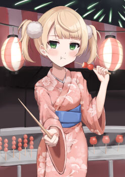 1girl :t absurdres aerial_fireworks alternate_costume amazora_haruki blonde_hair blue_sash blunt_bangs blush candy_apple chewing commentary_request eating empty_eyes fireworks floral_print floral_print_kimono food food_stand green_eyes hair_ornament heart heart-shaped_pupils highres holding holding_food holding_stick indie_virtual_youtuber japanese_clothes kimono lantern long_sleeves looking_at_viewer obi paper_lantern pom_pom_(clothes) pom_pom_hair_ornament print_kimono sash shigure_ui_(vtuber) shigure_ui_(vtuber)_(young) short_hair side_part solo stick summer_festival symbol-shaped_pupils twintails virtual_youtuber wide_sleeves yukata