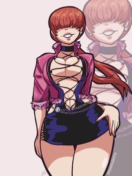 1girl breasts cleavage_cutout clothing_cutout dress heart huge_breasts large_breasts long_hair pale_skin ponytail red_hair senpaijessy shermie_(kof) skirt smile smiley_face standing the_king_of_fighters thick_thighs thighs twintails wide_hips
