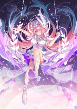 1girl absurdres alternate_breast_size_(larger) armlet bare_shoulders blue_hair blush breasts closed_mouth commentary commentary_request cyrene_(honkai:_star_rail) cyrene_(ripples_of_past_reverie)_(honkai:_star_rail) dress english_commentary floating_hair flower gradient_hair hair_floating_upwards hair_flower hair_ornament highres honkai:_star_rail honkai_(series) huge_breasts jewelry looking_at_viewer mixed-language_commentary multicolored_hair on_swing one_eye_closed outstretched_arm pink_hair purple_flower purple_rose rose smile solo swing white_dress zekong_pioneer